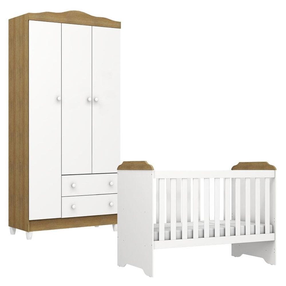 Berço Americano Mini Cama e Guarda Roupa Mel Flat Branco Acetinado Amadeirado - Carolina