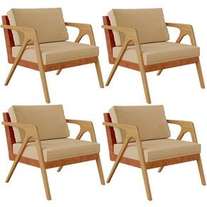 Kit 04 Poltronas Pietra Couríssimo Camel Linho Bege Escuro