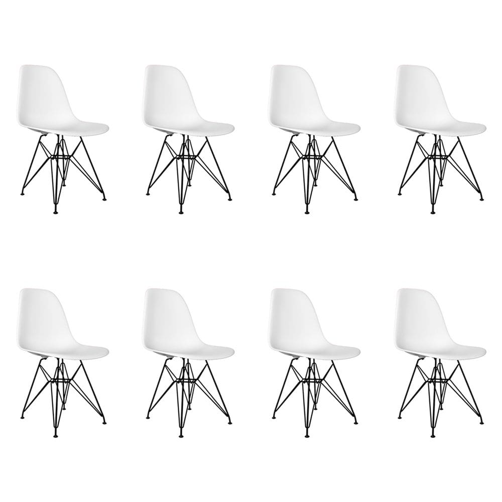 Kit 8 Cadeiras Jantar Assento Branco Eiffel Eames Base Ferro Preto