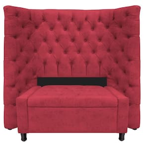 Kit Cabeceira E Calçadeira Baú Solteiro Everest P02 90cm Suede - Doce Sonho Móveis Vermelho