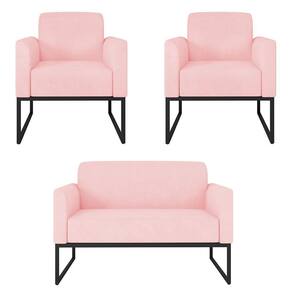 Kit Namoradeira E 2 Poltronas Preta Suede Rosa Bebê