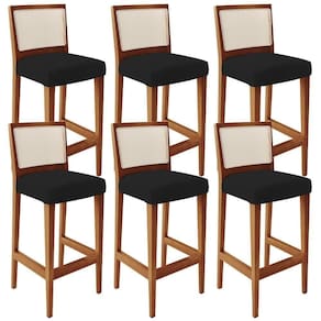 Kit 06 Banquetas Altas Encosto Tela Branco Facto Preto