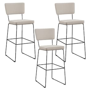 Kit 03 Banquetas Alta Base Em Aço Fixa Linho Cru