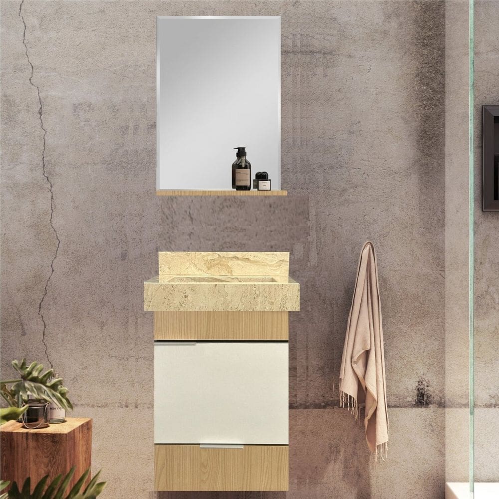 Gabinete para Banheiro com Cuba Esculpida em Porcelanato e Espelheira Club Kit Wood