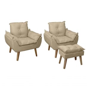 Kit 02 Poltrona e Puff Opala Suede Bege Linho