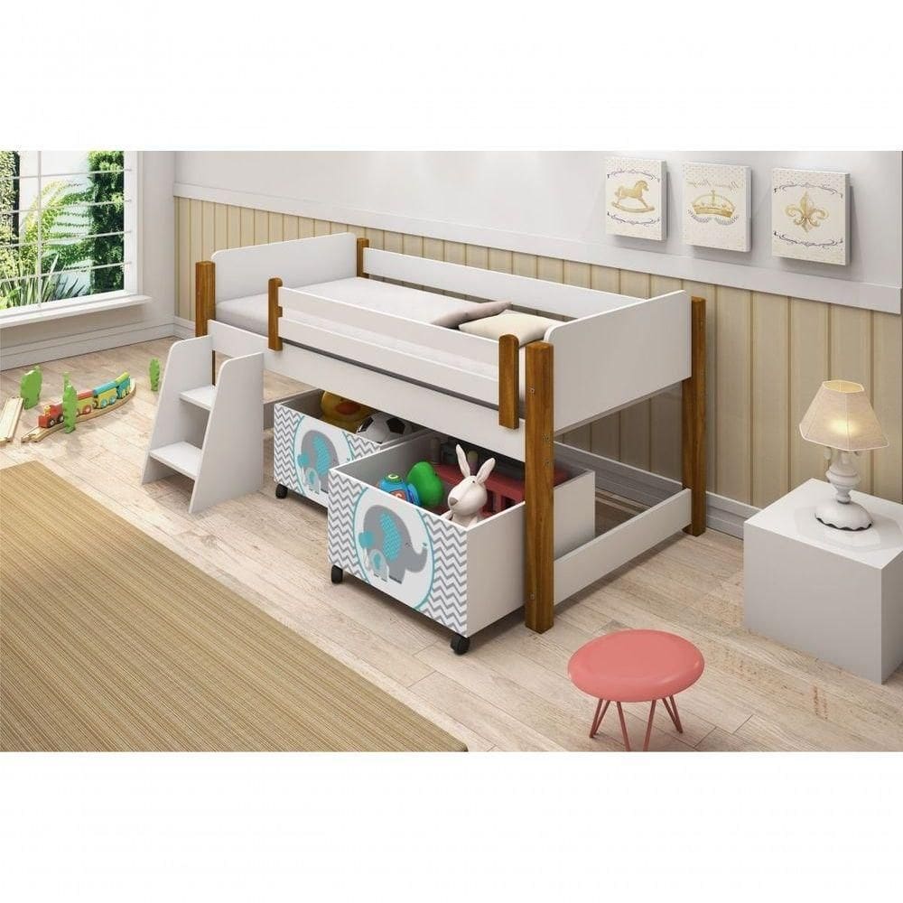 Cama Juvenil Branco Com Baú Adesivado Azul Com Colchão - Branco