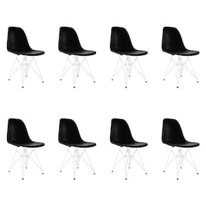 Kit 8 Cadeiras Jantar Assento Preto Eiffel Eames Base Ferro Branco