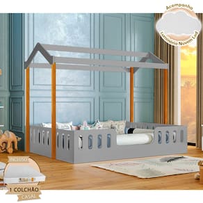 Cama com Colchão D28 Montessoriana Casal Infantil Ágatha Cinza e Amêndoa Incluso Luminária