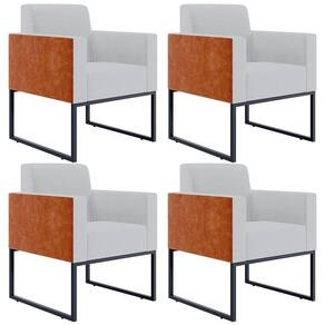 Kit 04 Poltronas Base Fixa Metal Helô L02 Linho Cinza Camel