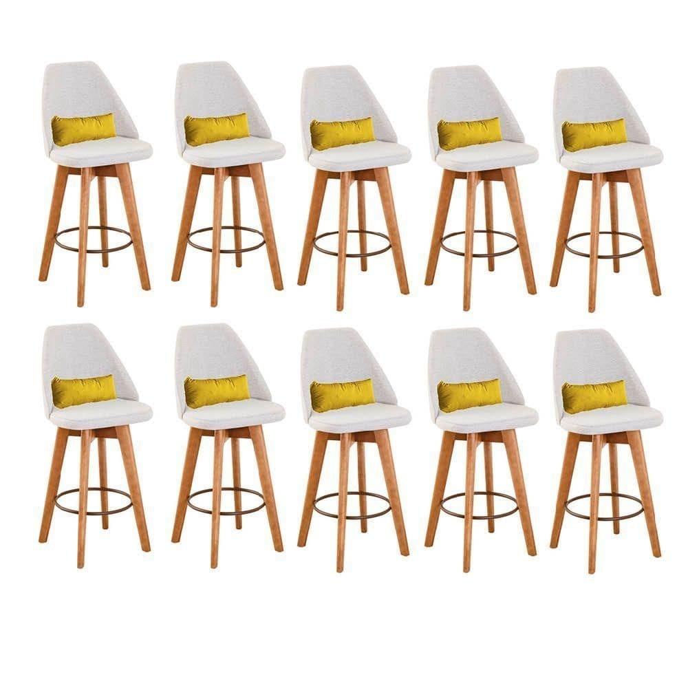 Kit 10 Banquetas Bege Claro E Almofada Suede Amarelo