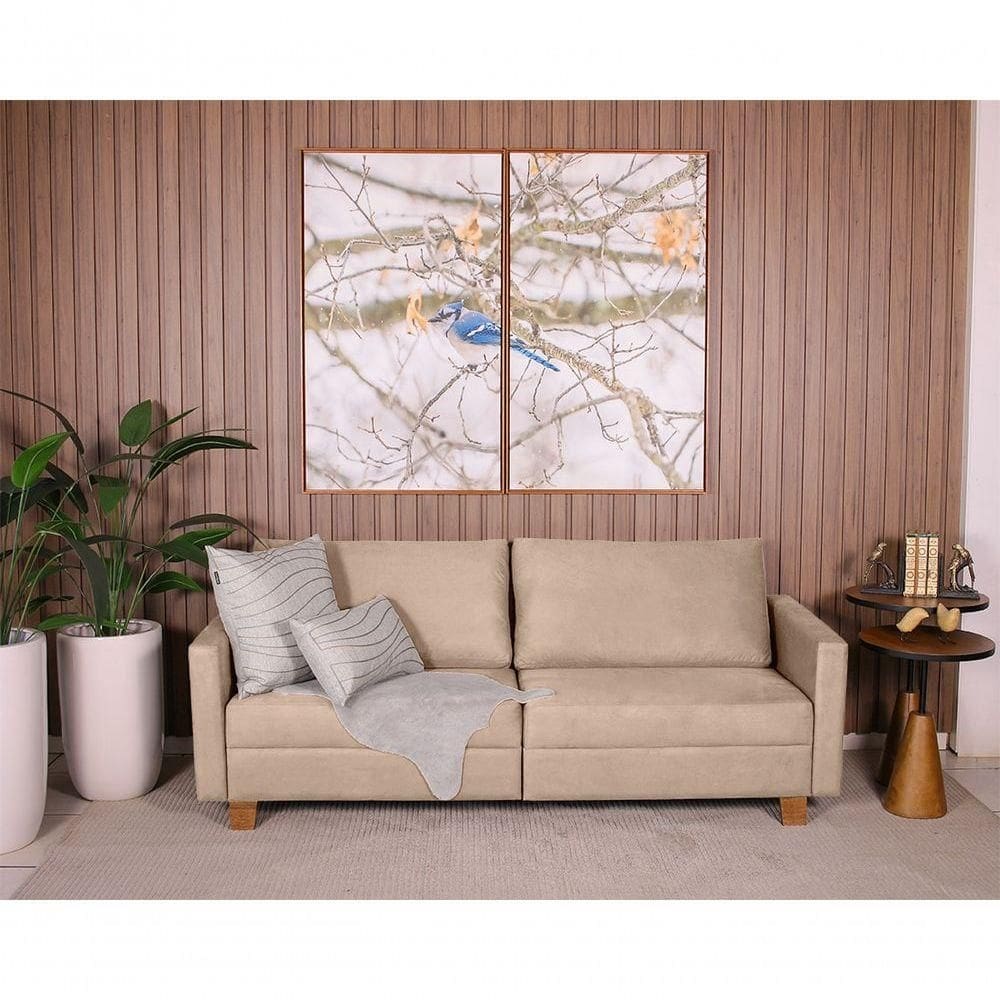 Sofá 3 Lugares 2,00m Fixo Veludo Plaza Bege - Straub Web