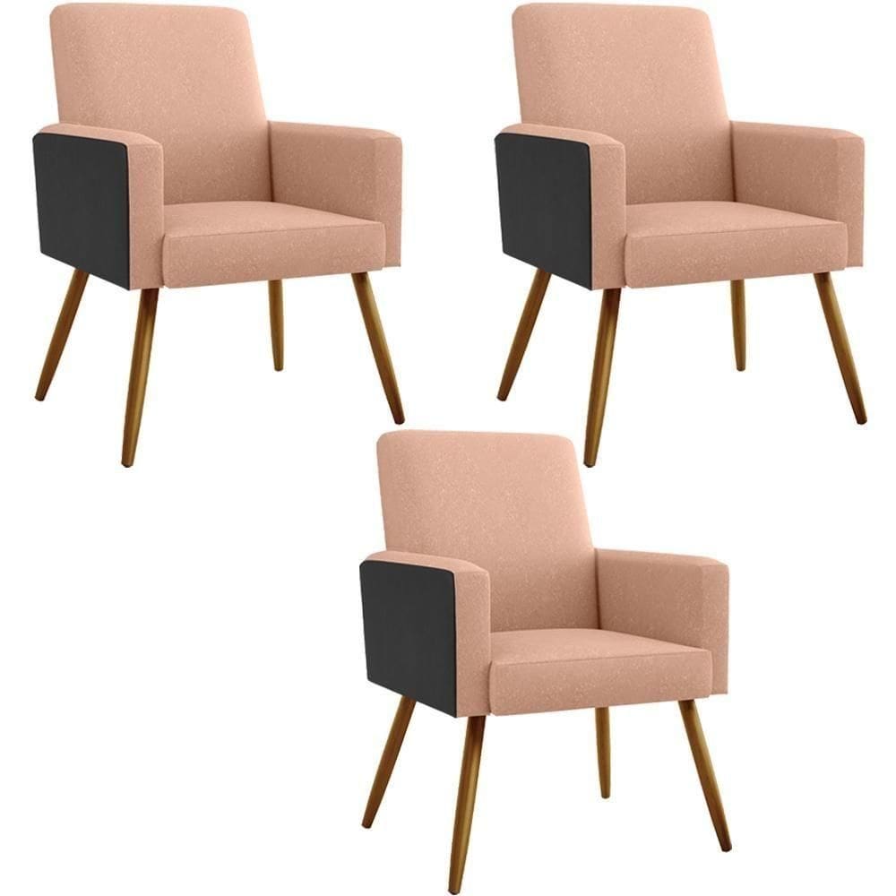 Kit 03 Poltronas Pés Palito Linho Rosê Couríssimo Preto