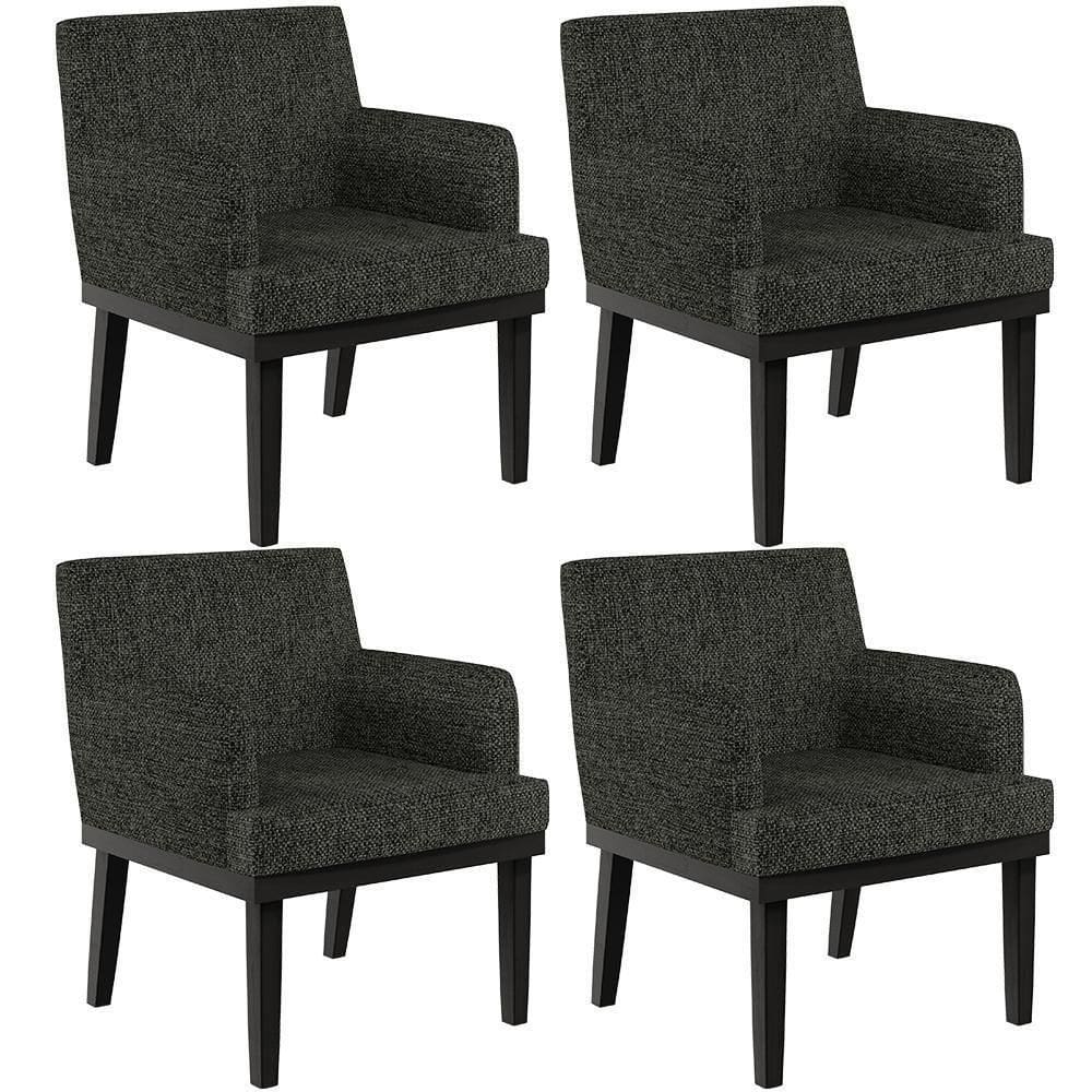 Kit 04 Poltronas Decorativas Sala De Estar Base Preto Beatriz W01 Linho Chumbo - Lyam Decor