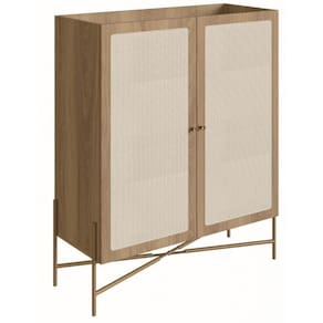 Cristaleira Bar Armário Alto Oslo Artesano 93 Cm (Largura) Mdp Mel Palha Natural Base Metal