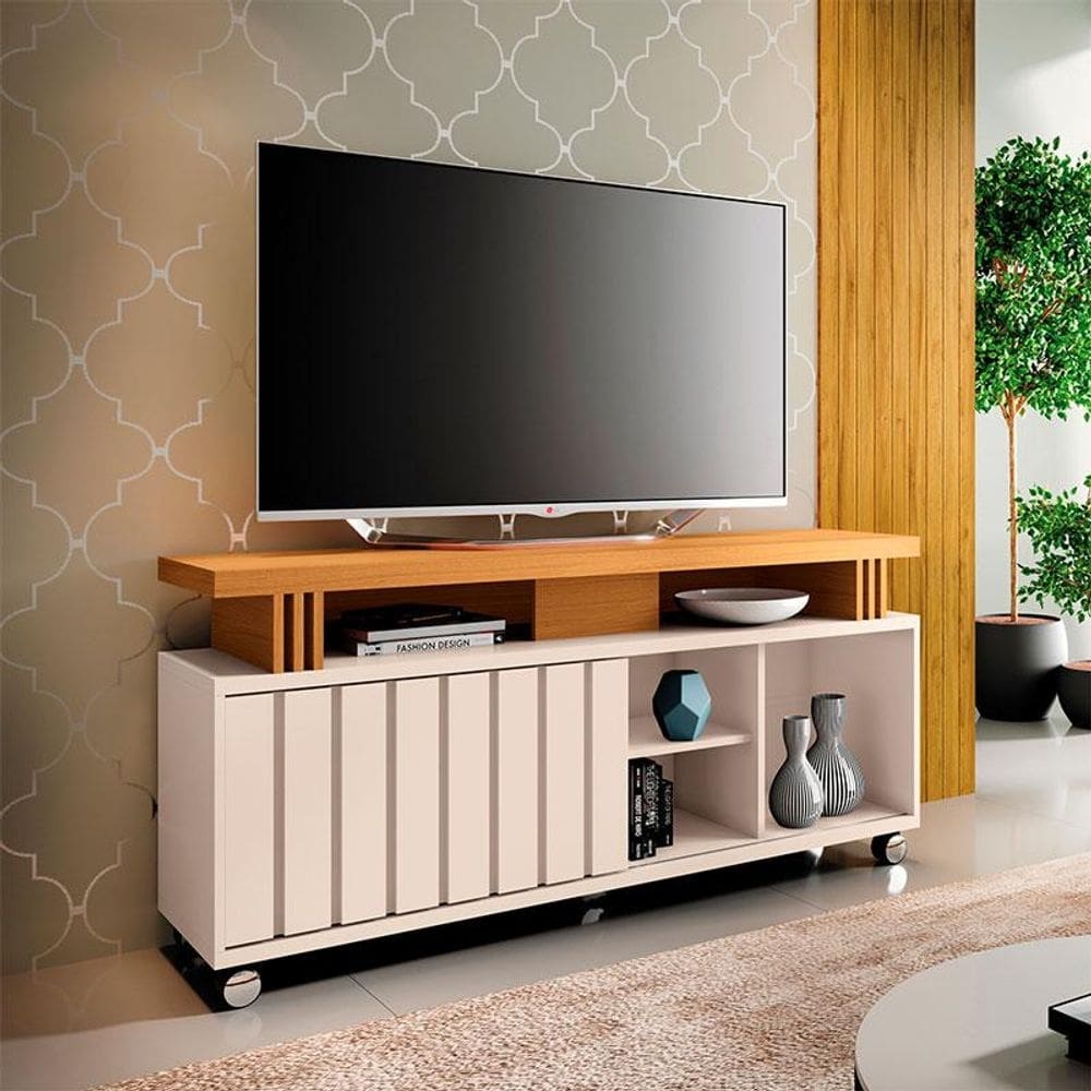 Rack Bancada para Sala Ambiente Rivera 1.3 Off White Cinamomo - HB Móveis