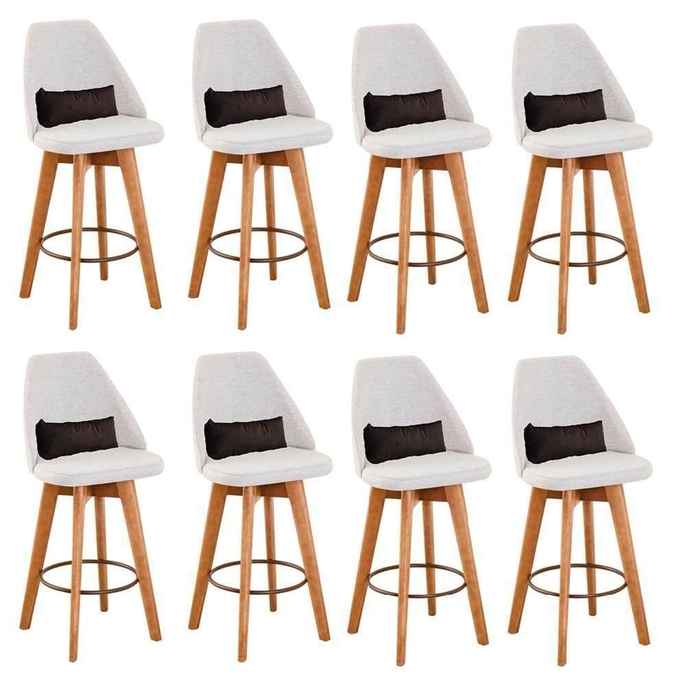 Kit 08 Banquetas Linho Bege E Almofada Suede Marrom