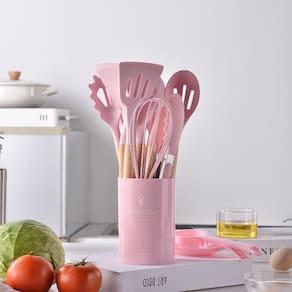 Kit 12 Utensílios de Cozinha em Silicone Cabo de Madeira Cozinha Moderna Linha Premium