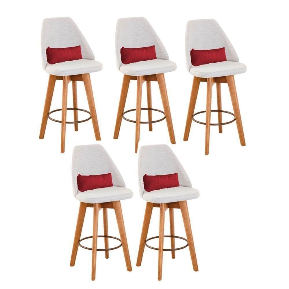 Kit 05 Banquetas Linho Bege E Almofada Sintético Vermelho