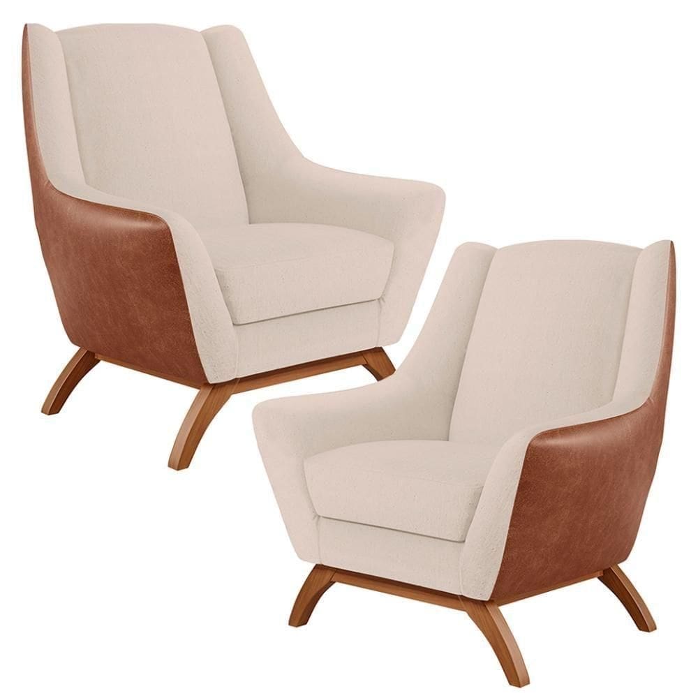 Kit 02 Poltronas Base Em Madeira Camel B-14 Linho Bege C-107