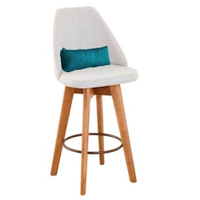 Banqueta Com Encosto Bege Claro E Almofada Azul Turquesa