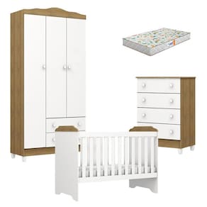 Quarto de Bebê Mel Flat Branco Acetinado Amadeirado com Colchão Gazin - Carolina