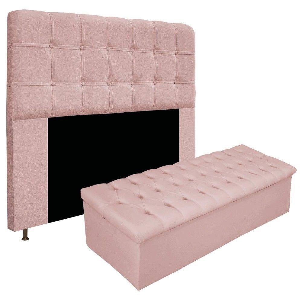 Cabeceira E Calçadeira 160 Cm Queen Com Capitonê Suede Rosê