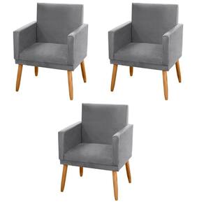 Kit 03 Poltronas Lauren Pés Palito Suede Cinza