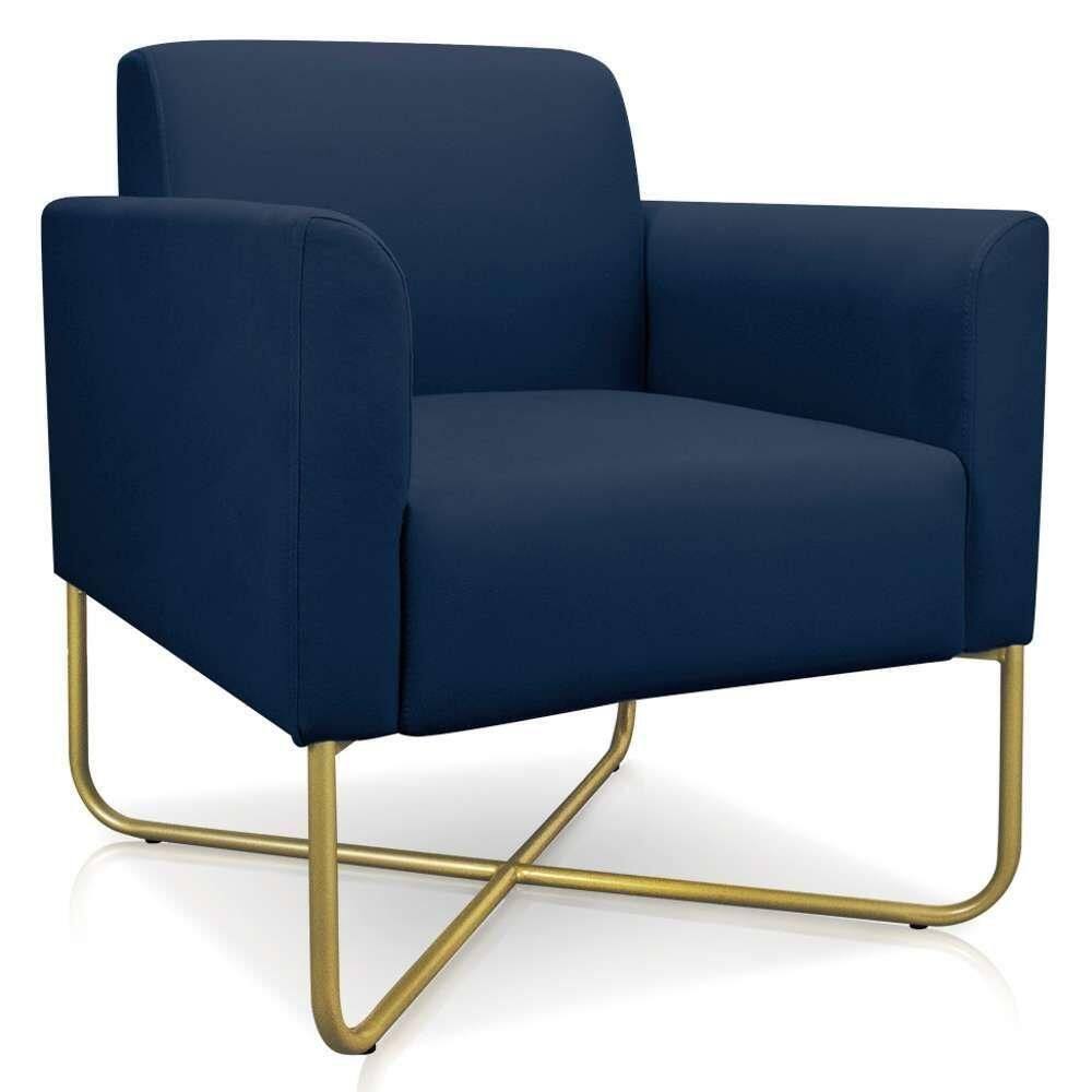 Poltrona Decorativa Base Industrial X Dourada Maressa S01 Suede Azul Marinho