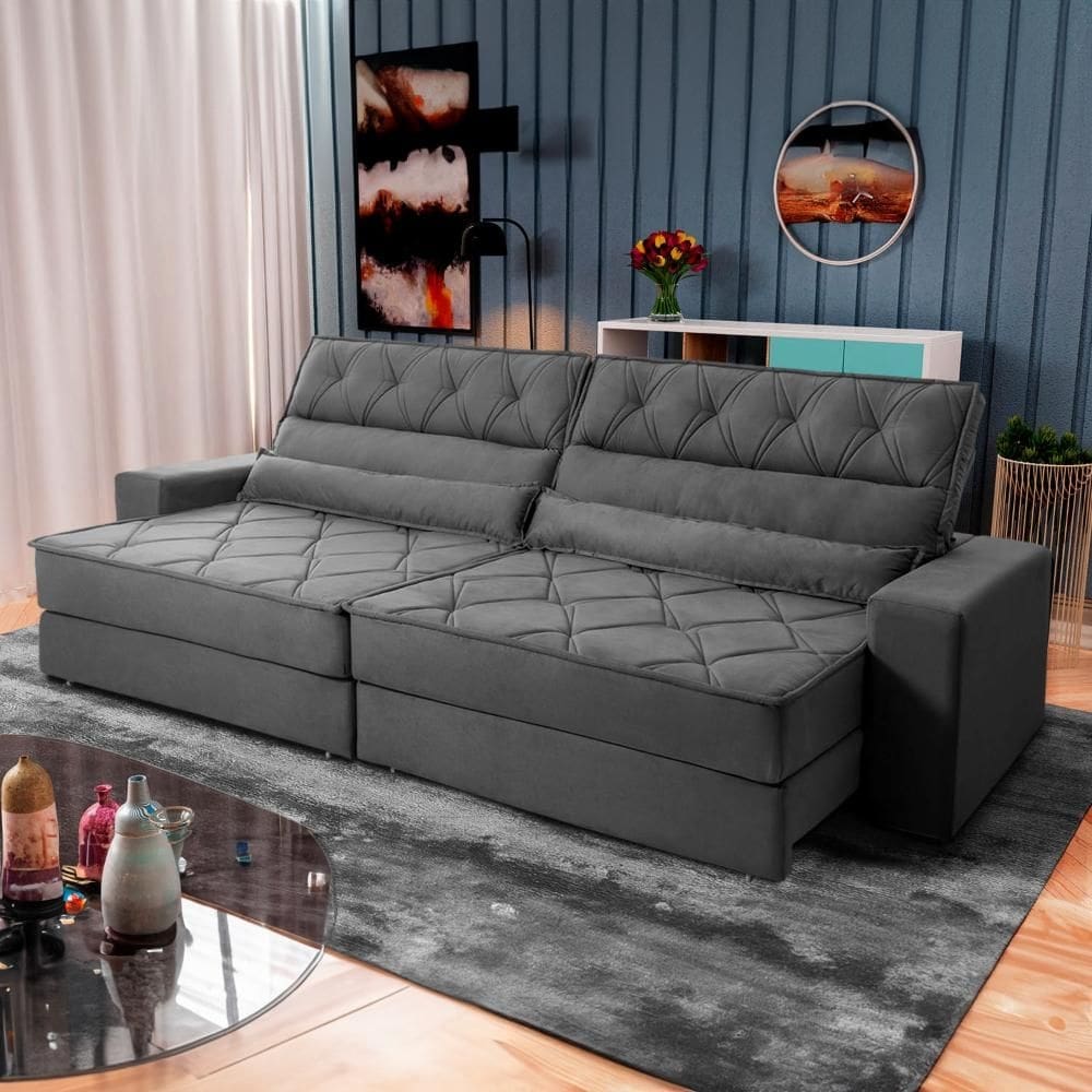 Sofá Retrátil Reclinável 3,00m Albany Suede Velut Cinza Molas Ensacadas - King House