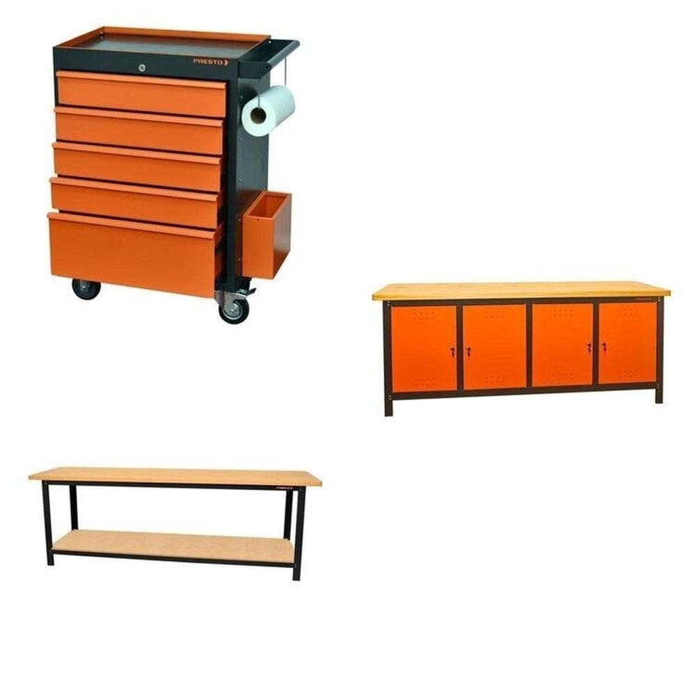 Conjunto Bancada para Ferramentas 200cm Carro de Ferramentas Profissional 5 Gavetas Presto Laranja