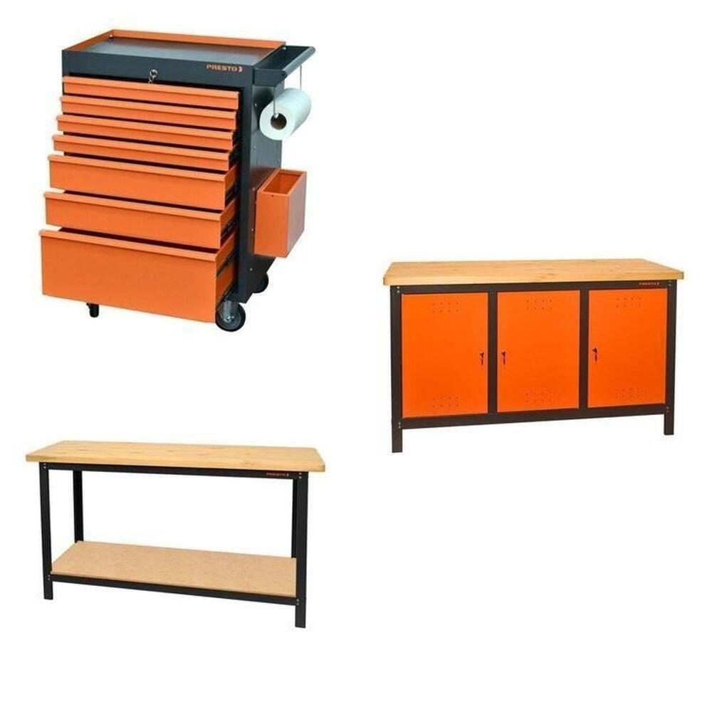 Conjunto Bancada para Ferramentas 150cm Carro de Ferramentas Profissional 7 Gavetas Presto Laranja