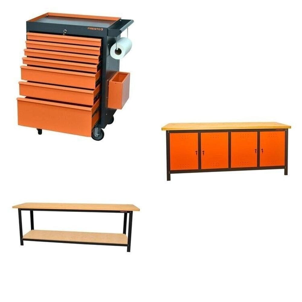 Conjunto Bancada para Ferramentas 200cm Carro de Ferramentas Profissional 7 Gavetas Presto Laranja