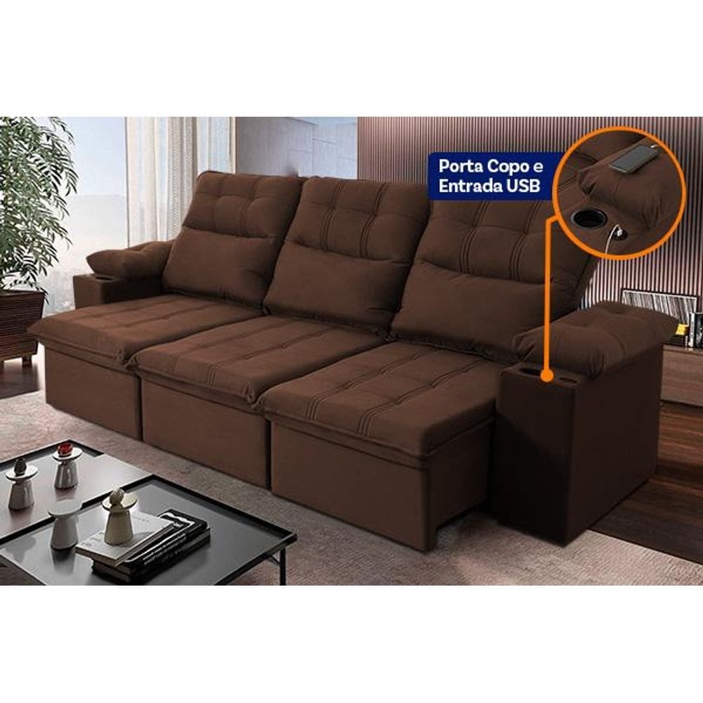 Sofá Retrátil Reclinável Verona USB + Porta Copo 2,30m Suede Velut Marrom c/ Molas no Assento - King House