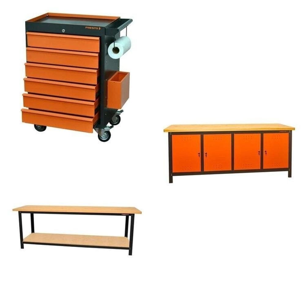 Conjunto Bancada para Ferramentas 200cm Carro de Ferramentas Profissional 6 Gavetas Presto Laranja