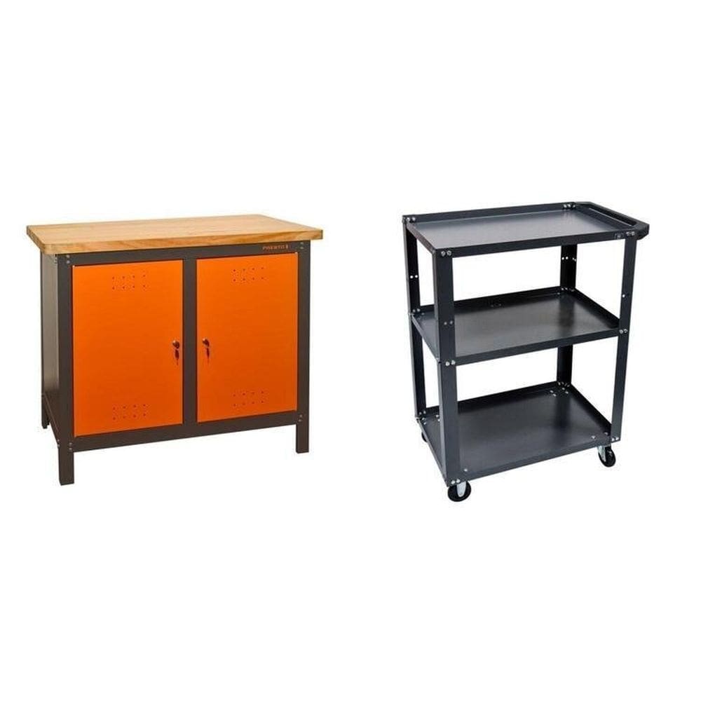 Conjunto 1 Bancada Profissional 110cm 1 Carro Aberto em Aço para Ferramentas Presto Laranja