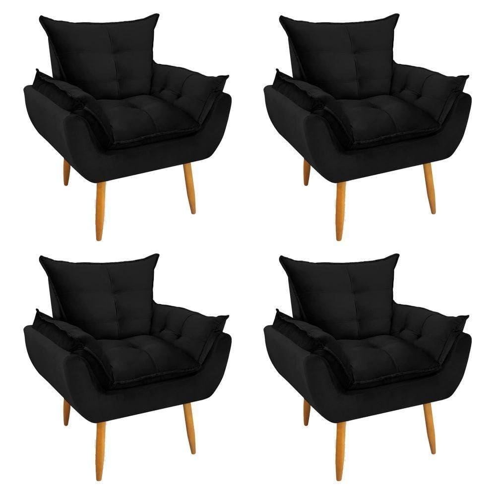 Kit 4 Poltronas Decorativa Opala Veludo Preto