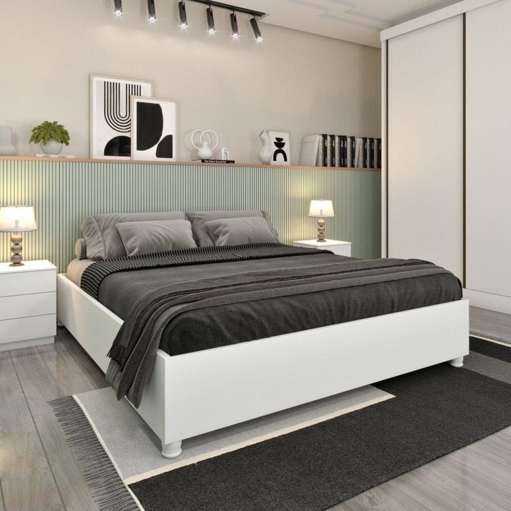 Cama Box Casal Queen Mônaco e Mesa de Cabeceira Veronna Neve