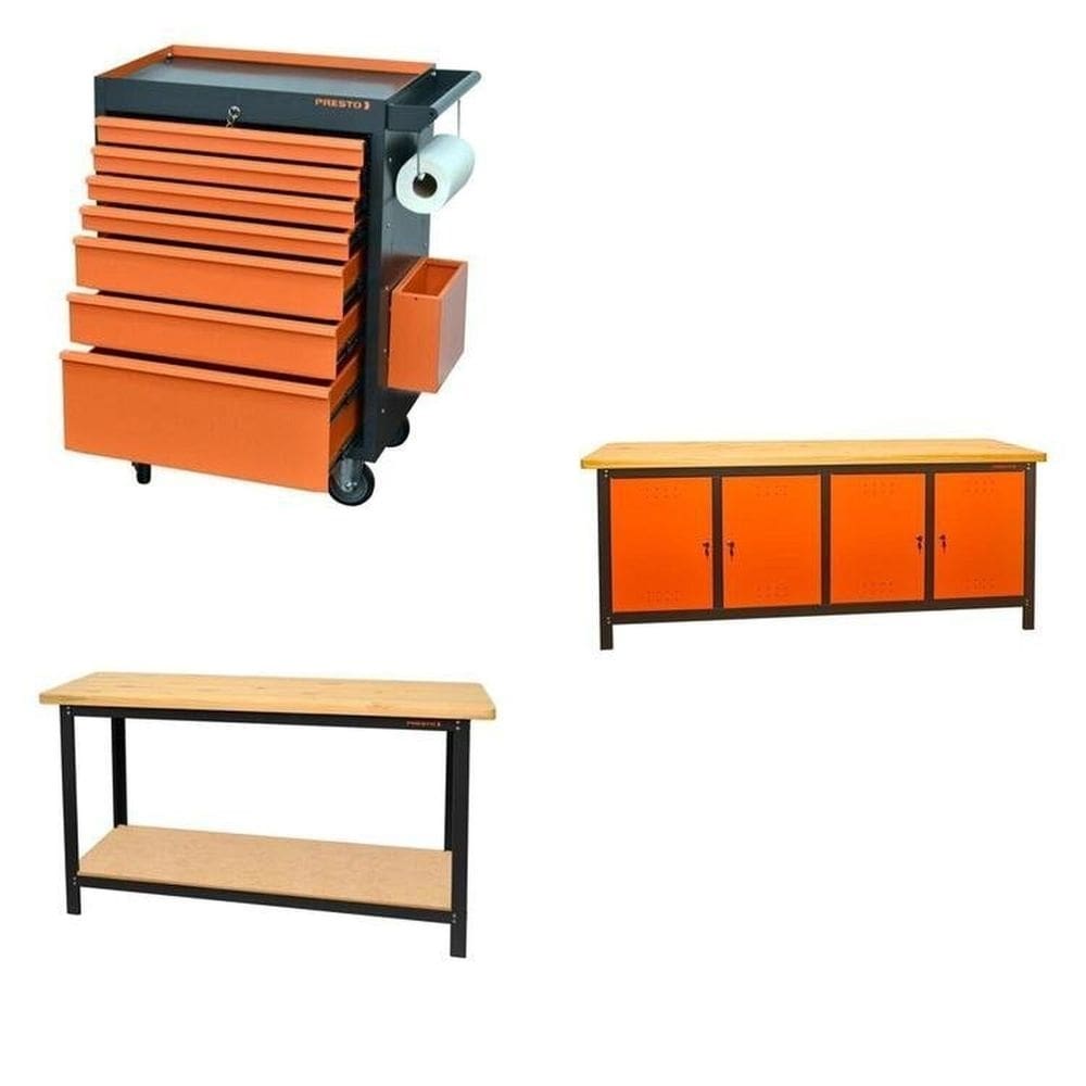 Conjunto Bancada para Ferramentas 200cm Carro de Ferramentas Profissional 7 Gavetas Presto Laranja