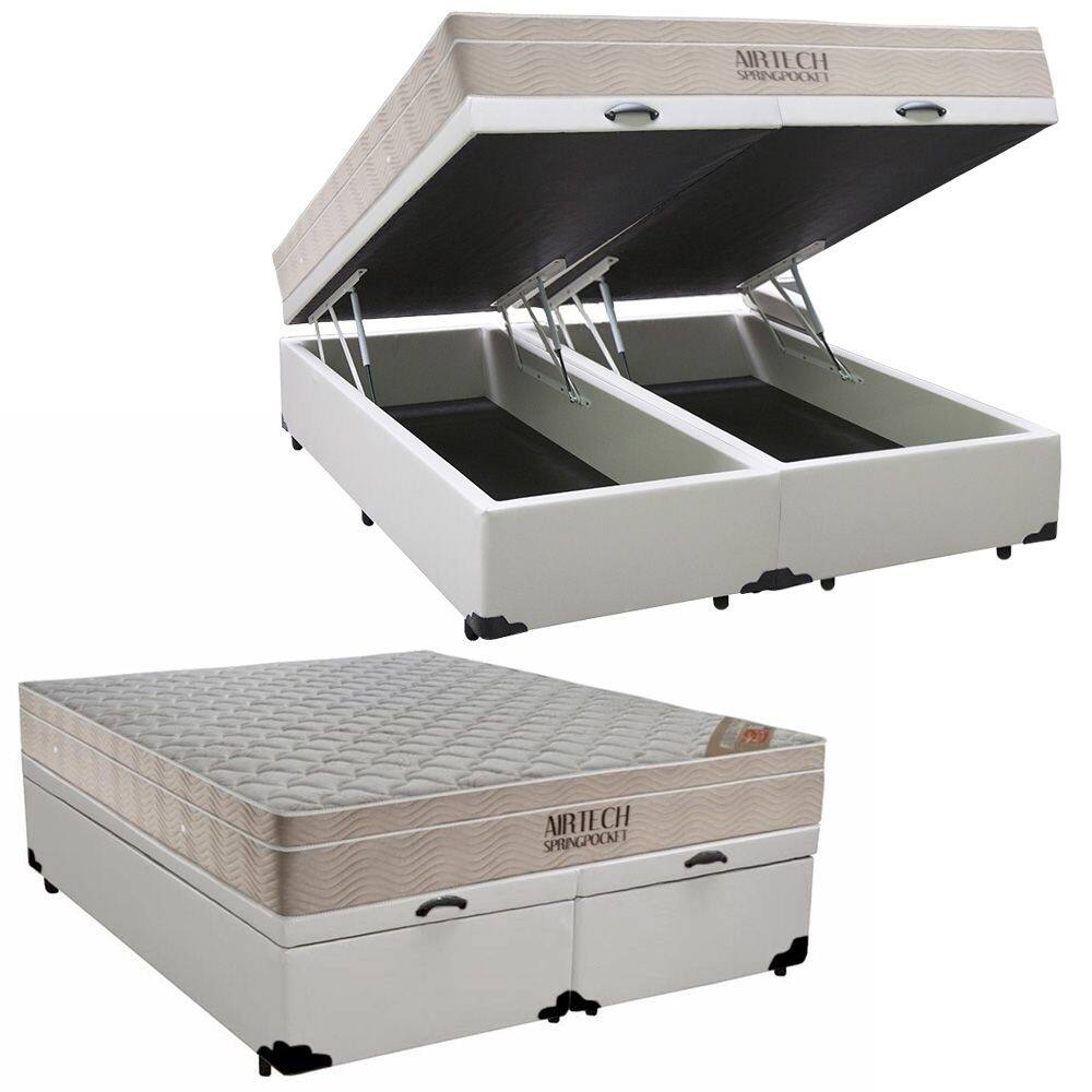 Cama Box Baú Queen Sintético Bipartido + Colchão Molas Ensacadas AirTech Ortobom 69x158x198 Branco - Branco