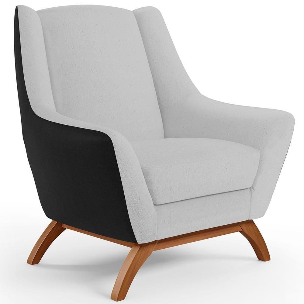 Poltrona Base Em Madeira Corano Preto C-05 Linho Cinza D-315