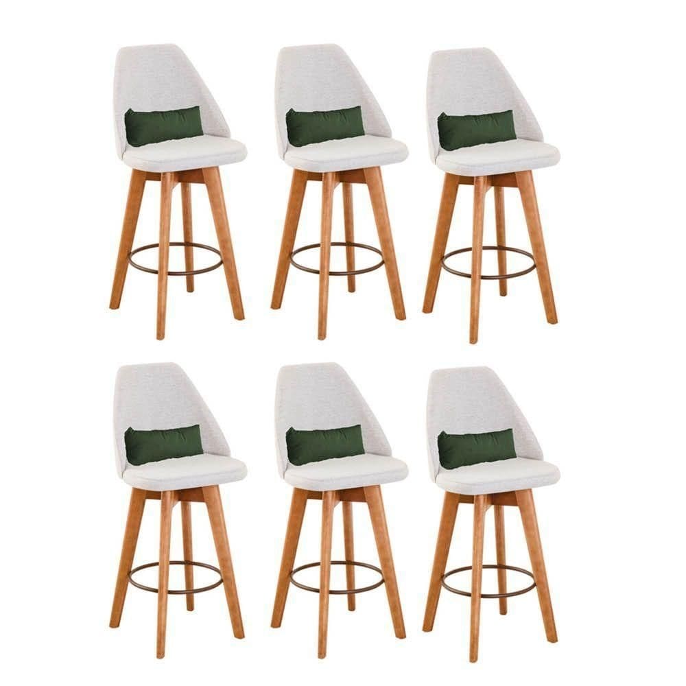 Kit 06 Banquetas Linho Bege E Almofada Suede Verde Musgo