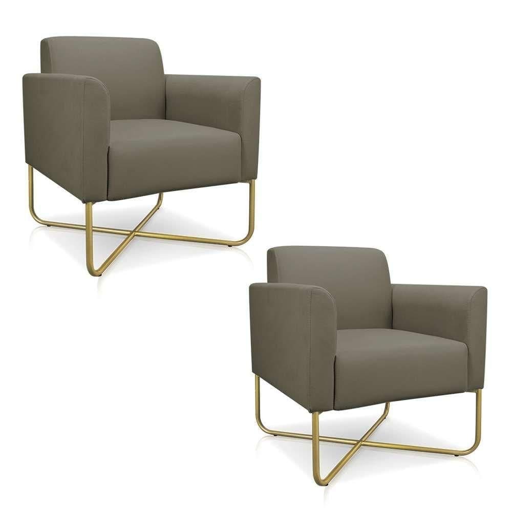 Kit 2 Poltronas Decorativas Base Industrial X Dourada Maressa S12 Suede Marrom Rato