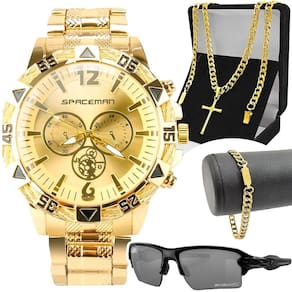 Relógio Masculino Dourado Banhado + Cordão Cruz Aço Inoxidável + Óculos Proteção UV