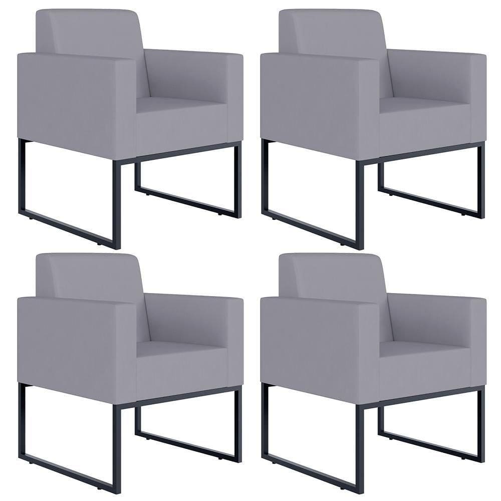 Kit 04 Poltronas Base Fixa De Metal Helô L02 Suede Cinza