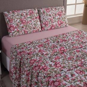 Jogo Cama Lençol Sonnet King Malha Estampada 100% Algodão 4 Peças - Flores - Rosê