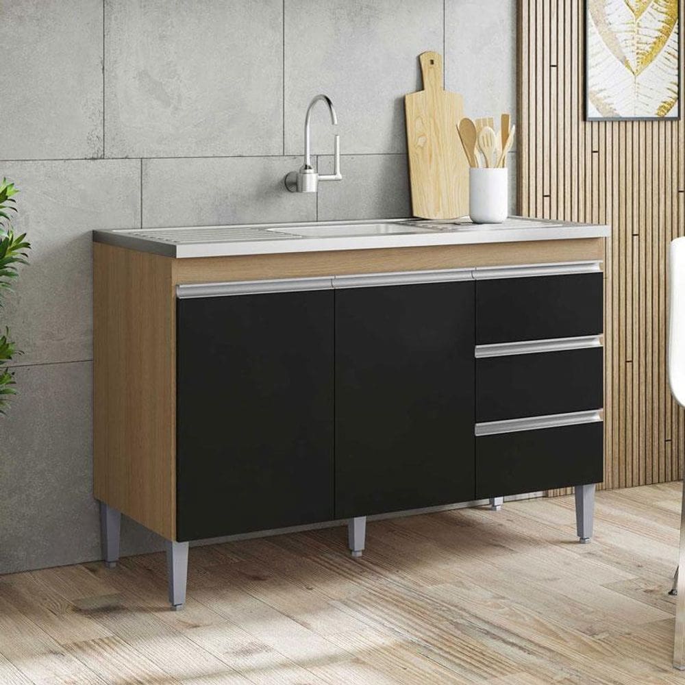 Balcão de Pia Ambiente Andréia 100 cm Amendoa Preto – AJL