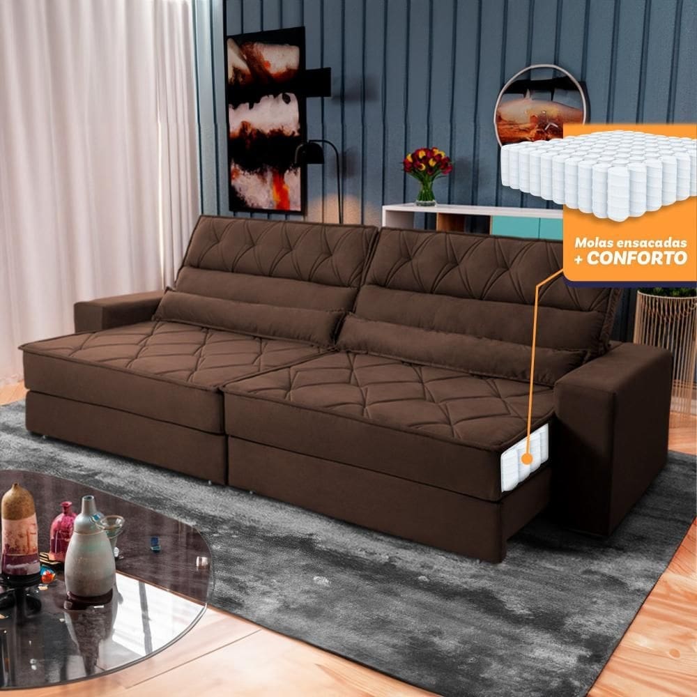 Sofá Retrátil Reclinável 2,50m Albany Suede Velut Marrom Molas Ensacadas - King House