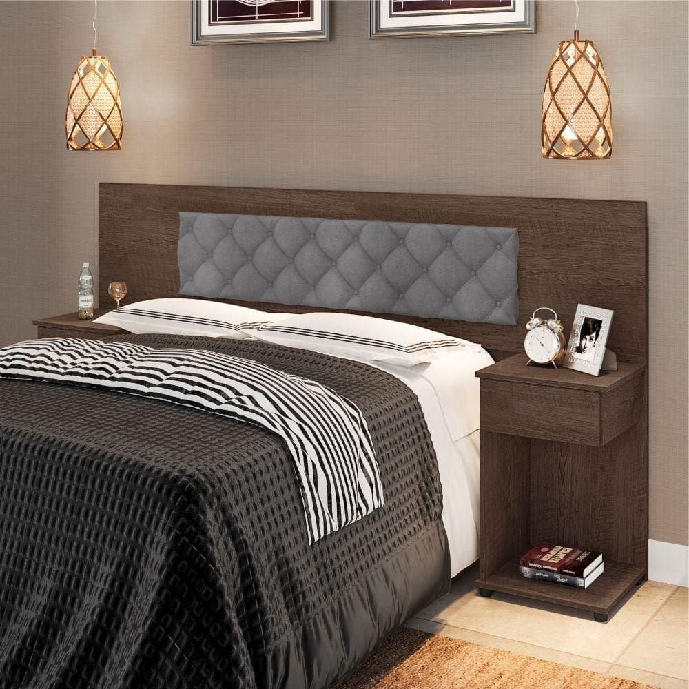 Cabeceira Casal Estofada Chocolate Cinza