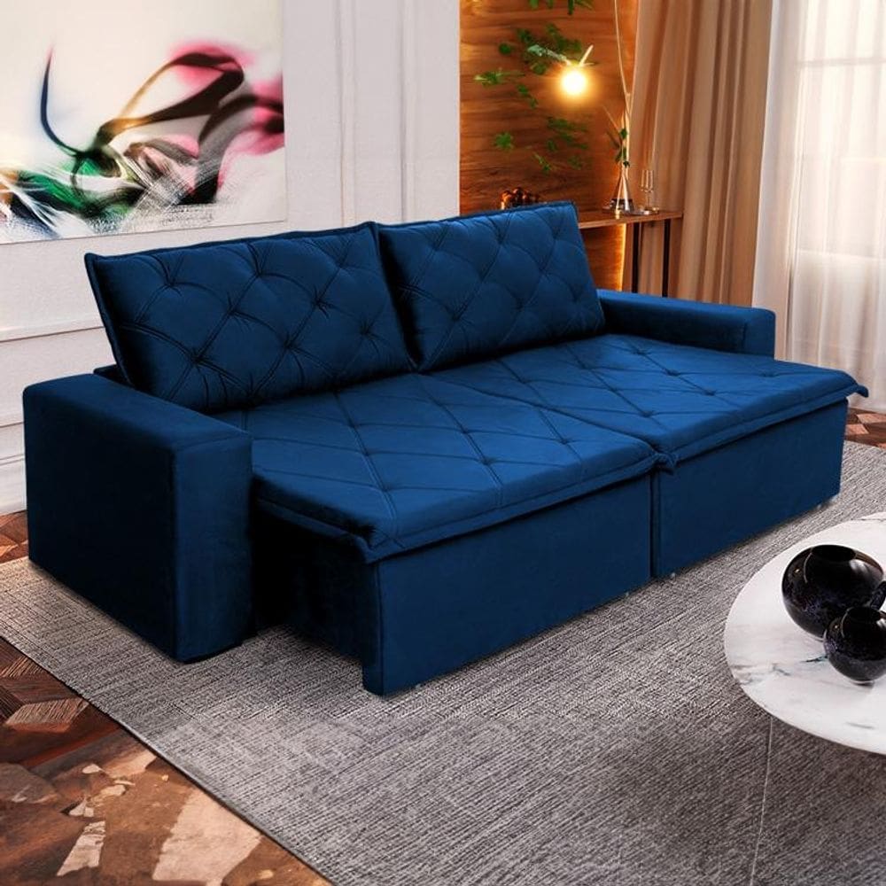 Sofá Cama Bangkok Sem Caixa 2,50m Retrátil e Reclinável Com Molas Velut Azul - King House