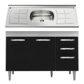 Balcão Gabinete Suécia Com Pia Inox 120cm 3 Portas Branco/preto